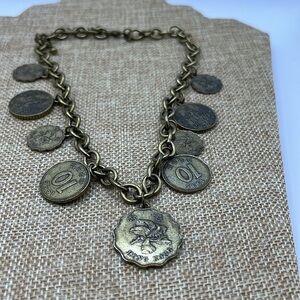Coin Necklace by Vicky Jousan Antiqued Gold Tone Hong Kong Assorted Coins 
Large